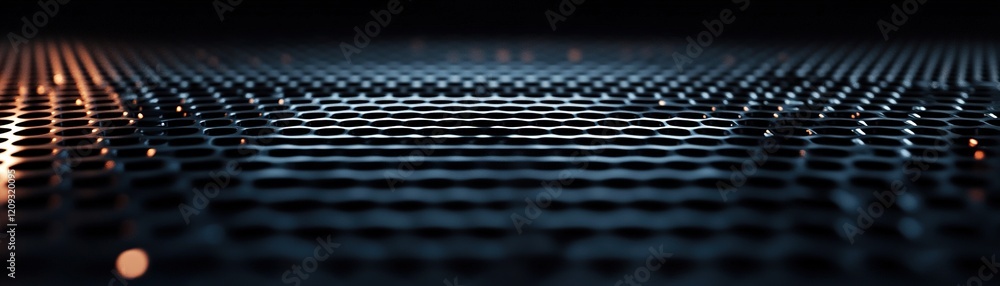 Poster this abstract industrial design showcases a metal grid with geometric patterns against a dark backgr
