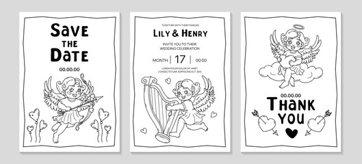 Trendy Wedding doodle invitation. Hand drawn doodle Cute cupid with bow and arrow Background. Cute wedding posters template. including cherub, hearts, harp, angel on cloud. Vector outline illustration