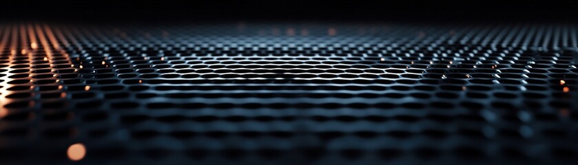 This abstract industrial design showcases a metal grid with geometric patterns against a dark background. Soft reflections create a modern and stylish ambiance, suitable for various text overlays