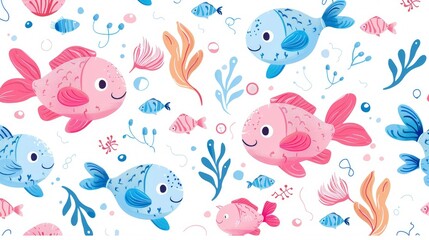 Cute cartoon fish with seamless pattern. illustration for your design.