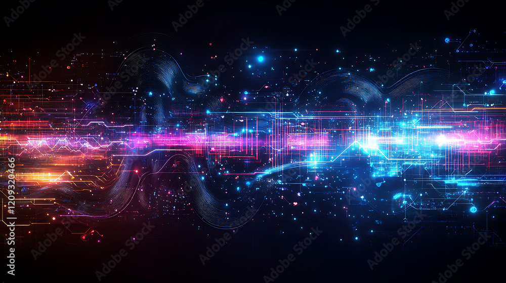 Poster abstract futuristic design featuring vibrant colors and digital patterns, representing convergence o