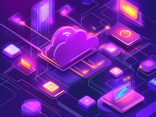 Obraz premium A stylized graphic of cloud computing with connected devices, icons, and glowing data streams on a dark background, illustrating the flow of information in a digital ecosystem.
