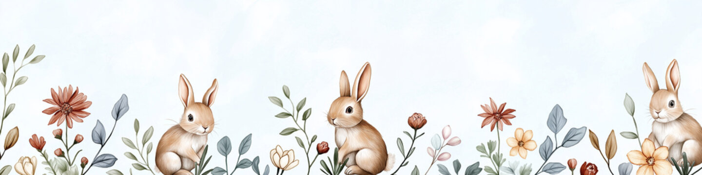 Bunnies sitting in flower meadow minimalist watercolor illustration