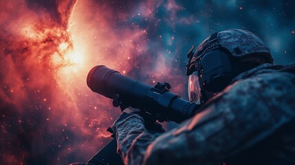 Military officer observes distant supernova through rugged telescope under starry sky