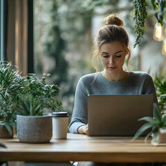 Focused Work: A woman concentrates intently on her laptop, surrounded by lush greenery, radiating a sense of calm and productivity. Her workspace exudes a natural, serene ambiance.
