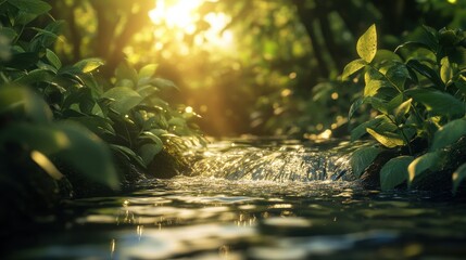 Naklejka premium A serene stream flows through lush green foliage under gentle sunlight.
