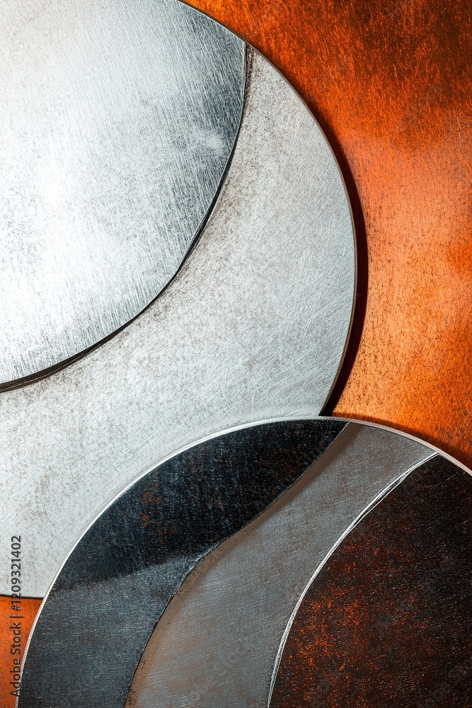 Poster layered circular metallic shapes featuring textures in steel and copper create a minimalist and tech
