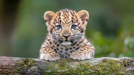 Cute leopard cub peering over log, lush green background; wildlife, nature, conservation