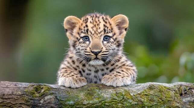 Cute leopard cub peering over log, lush green background; wildlife, nature, conservation