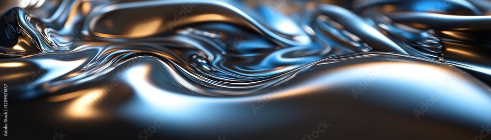 Poster abstract liquid design features flowing blue and silver swirls with glossy reflections and smooth gr