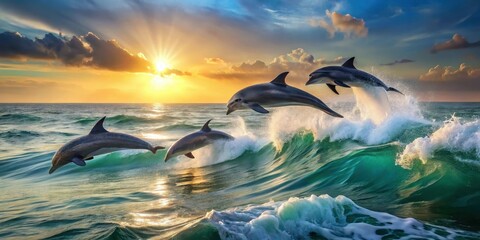 Obraz premium Oceanic Sunset Spectacle Four Dolphins Leap Joyfully Through Emerald Waves, Illuminated by Golden Sunlight