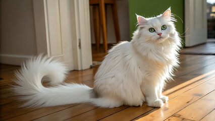 **"Majestic Green-Eyed Persian Cat with Fluffy White Fur and Elegant Tail"**