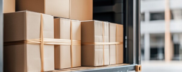 Delivery action packed boxes in warehouse logistics environment urban viewpoint supply chain concept