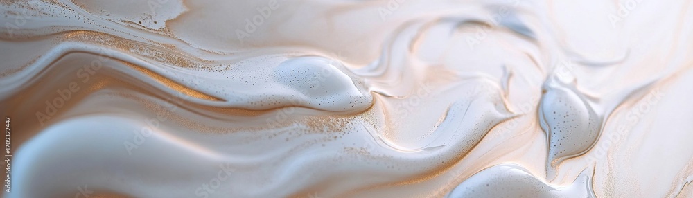 Poster the background features flowing liquid patterns in neutral shades of beige, cream, and soft gray, wi