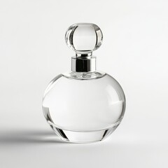 Clear glass perfume bottle with a round body and a spherical stopper.