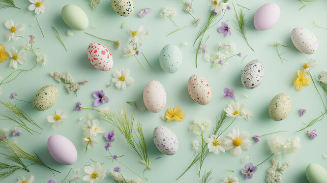 Colorful easter eggs and spring flowers creating a lively pattern on pastel green background