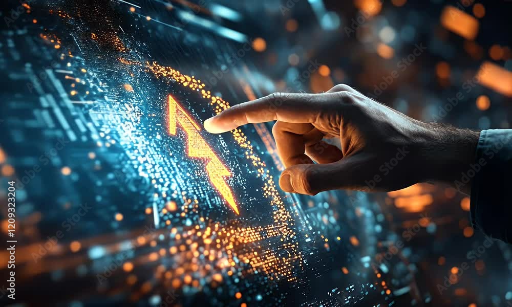 Poster hand interacts with digital upward arrow, data visualization background; tech progress concept