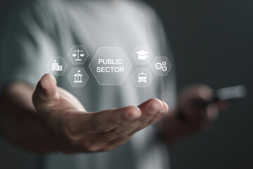 Public sector concept. Person showing public sector icon on virtual screen. Government, education,...