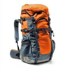 Orange and gray large backpack isolated on white background.