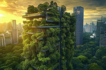 Obraz premium Lush Vertical Garden Skyscraper Amidst Urban Cityscape at Sunset