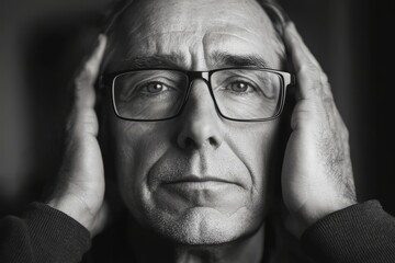 A black-and-white portrait of a middle-aged Caucasian man with glasses, Generative AI