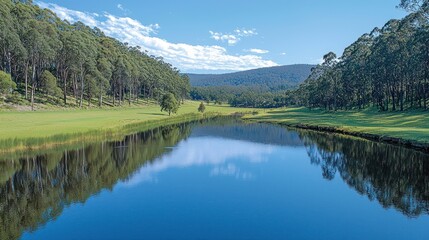 Fototapeta premium A serene landscape featuring a calm river surrounded by lush greenery and distant hills.