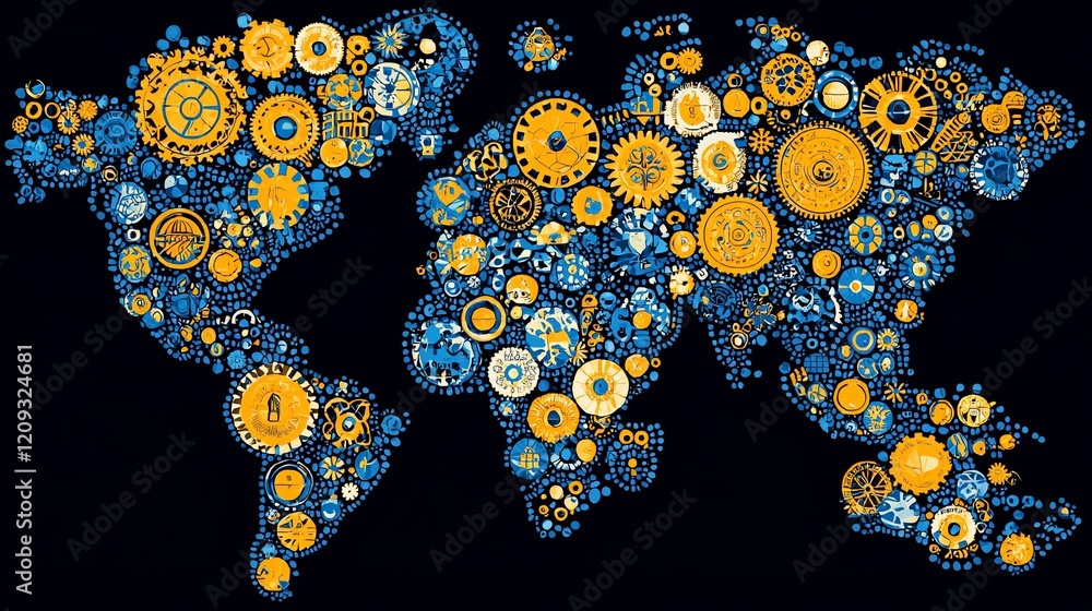Poster global network of gears and cogs forming a world map.