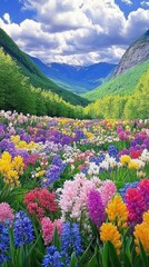 Fototapeta premium Vibrant wildflowers bloom in mountain valley, sunny day. Nature scene for spring calendar