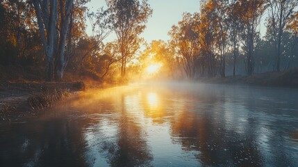 Obraz premium Serene sunrise over a misty river, surrounded by trees, creating a tranquil atmosphere.