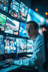 Security operator working in system control room, observing multiple screens showing data and camera footage