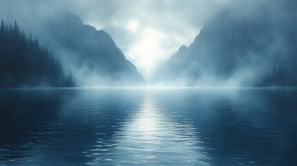 Fototapeta premium Mystical Landscape Foggy Atmosphere Soft Light Reflection Water Smooth Tranquility Blue Purple