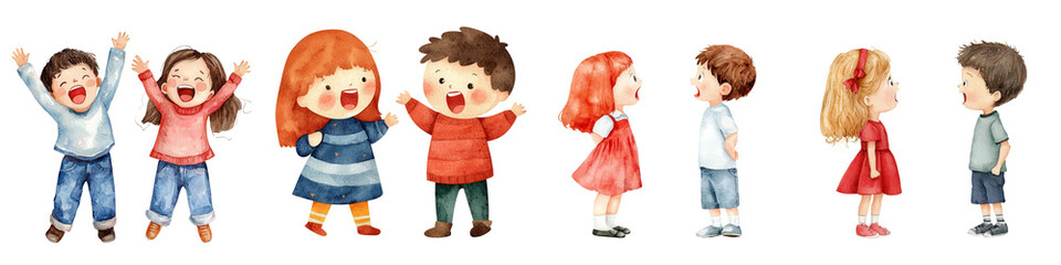 Happy children playing and laughing together in colorful scene, isolated on transparent background.