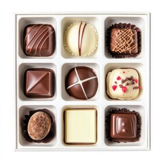 A mouthwatering array of luxurious chocolates, beautifully arranged in a box, perfect for gifting or indulgence.