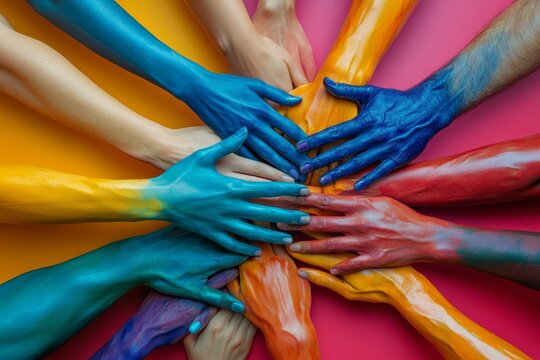 Teamwork, motivation and diversity hands stacked with mock up corporate marketing or advertising space. Group support, community or staff team building for project goal, solidarity and collaboration, 
