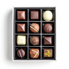 A luxurious chocolate box filled with various beautifully crafted chocolates in an exquisite arrangement for gifting.