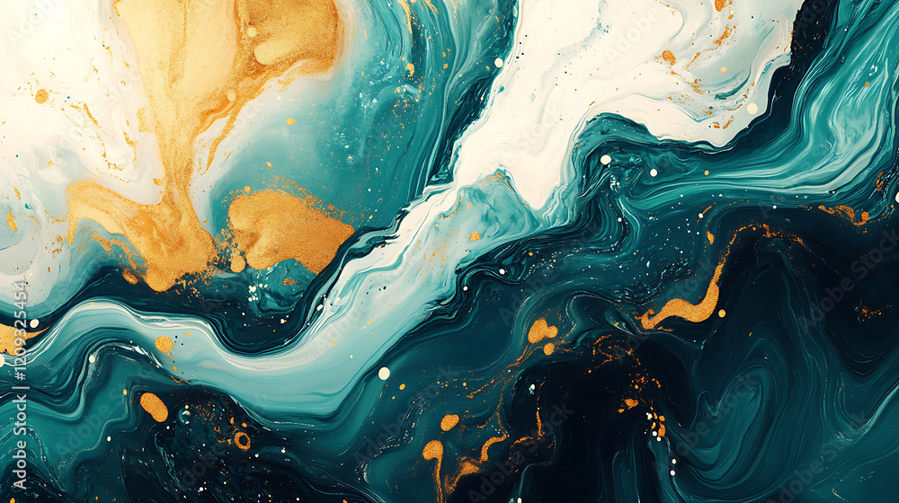 Poster abstract art featuring swirling patterns in teal, white, and gold, creating dynamic and vibrant comp