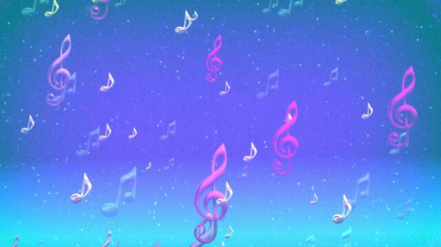 Musikalischer animierter Hintergrund; Noten und G-Schl&uuml;ssel in Bewegung. Oper, Musikfestivals.