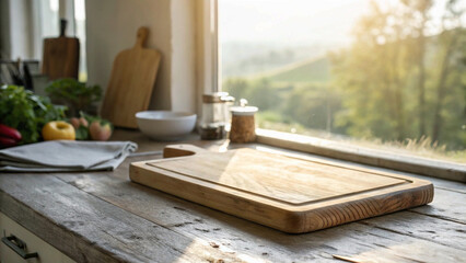 Wooden Cutting Board on a Textured Wooden Countertop with Sunlight Streaming Through a Kitchen Window and a Green Landscape Backdrop