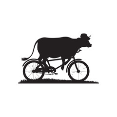 a beautiful Cow riding in the village scene silhouette with vector style in white background 