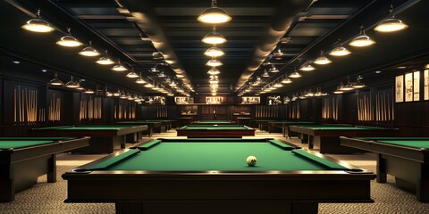Classic billiard hall with green felt tables, dark wood accents, and vintage lighting. A sophisticated and stylish space for games.