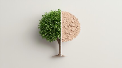 A tree in dual states of green and flourishing splendor nature artwork minimalistic environment conceptual viewpoint exploring life and death