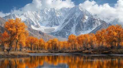 Serene autumn landscape featuring vibrant orange trees and majestic snow-capped mountains.