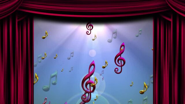 劇場ステージの赤い幕が開き、音符が踊る。音楽背景アニメーション。