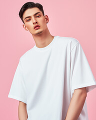 trendy portrait of a young man posing confidently in oversized white t-shirt.