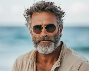 charismatic middle-aged man with a salt-and-pepper beard and stylish round sunglasses poses against a serene ocean backdrop.