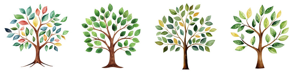 Watercolor family tree designs with colorful leaves and branches, isolated on transparent background.