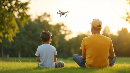 A father and son enjoying quality time outdoors flying a drone together at sunset