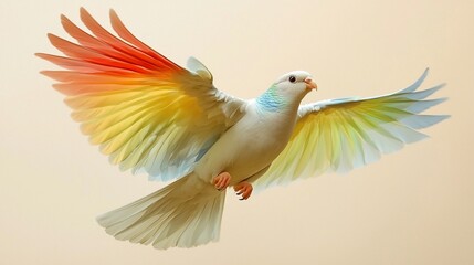 Obraz premium Colorful dove in flight, wings spread wide.