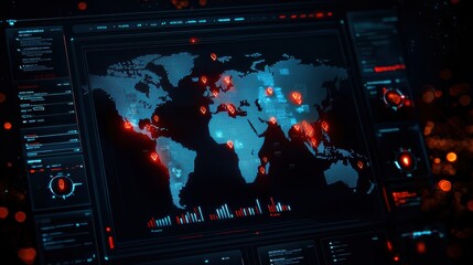 A digital map displays global data with highlighted red points, symbolizing cyber activity or threats in a high-tech interface.