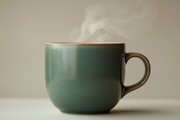 Stylish green coffee mug with steam rising above it on a white background